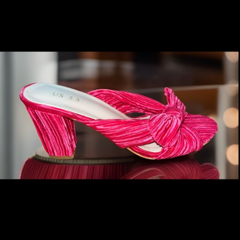 Elegant Slip-on Bow Chunky Heel Slide Sandals W/Pinstriped Ruffles On Bow & Heel